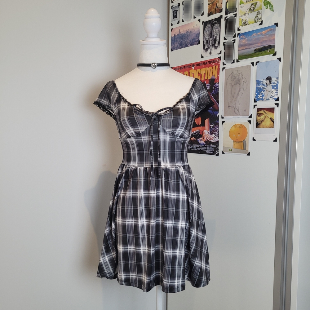 SHEIN Black and White Plaid Mini Dress - Size XS